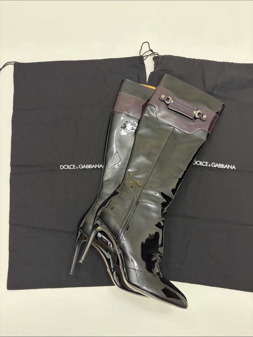 Dolce & Gabbana Black Patent Leather Knee Boots with Plum Trim